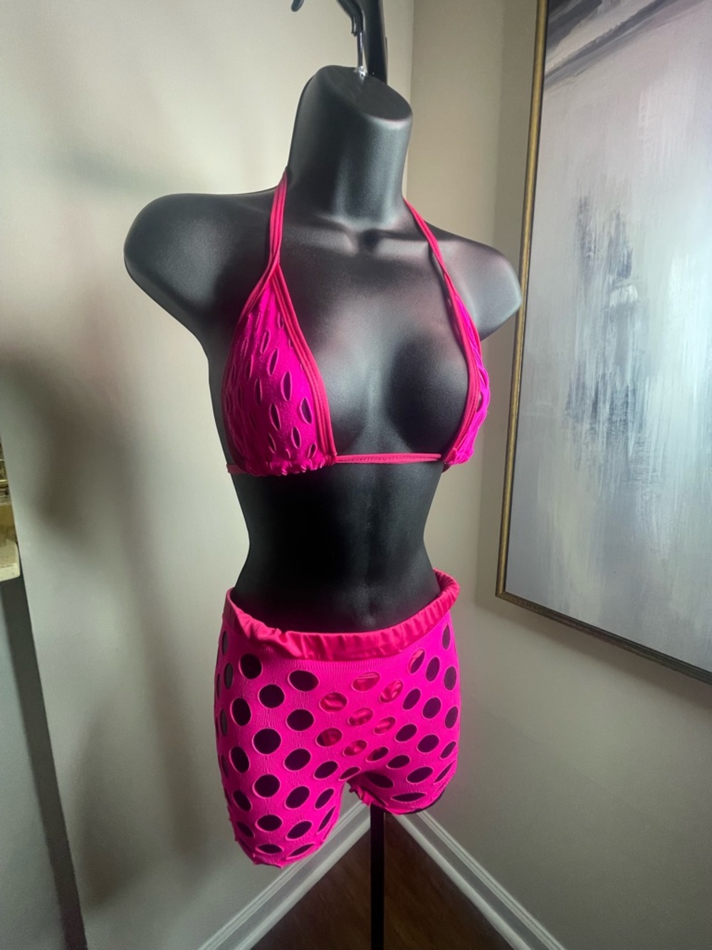 Hot Pink Mesh Cutout Bikini Top & Shorts Set